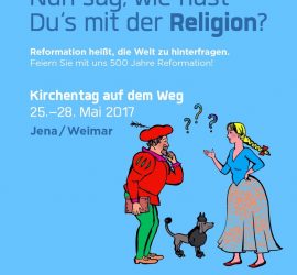 Flyer für den Kirchentag in Jena und Weimar 2017, als Motiv Faust, Gretchen und ein Pudel