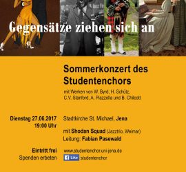 Flyer für ein Sommerkonzert 2017, als Motiv vier kleine Bilder von einem Tango tanzenden Paar, einem Jazzsänger, einem Dudelsackspieler und drei Frauen am Klavier