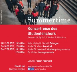 Flyer für die Konzertreise 2017, als Motiv der Chor in Konzertkleidung in blumenförmiger Aufstellung, in der Mitte Chorleiter Fabian Pasewald
